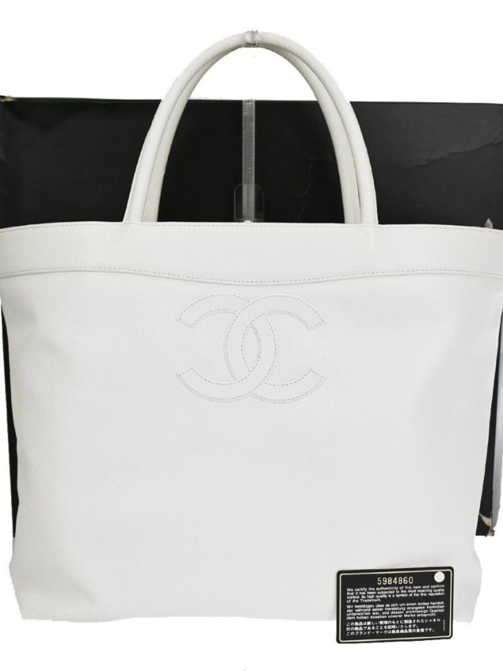 CHANEL CC Shoulder Hand Tote Bag Grained Calfskin Leather White GHW 21RJ365